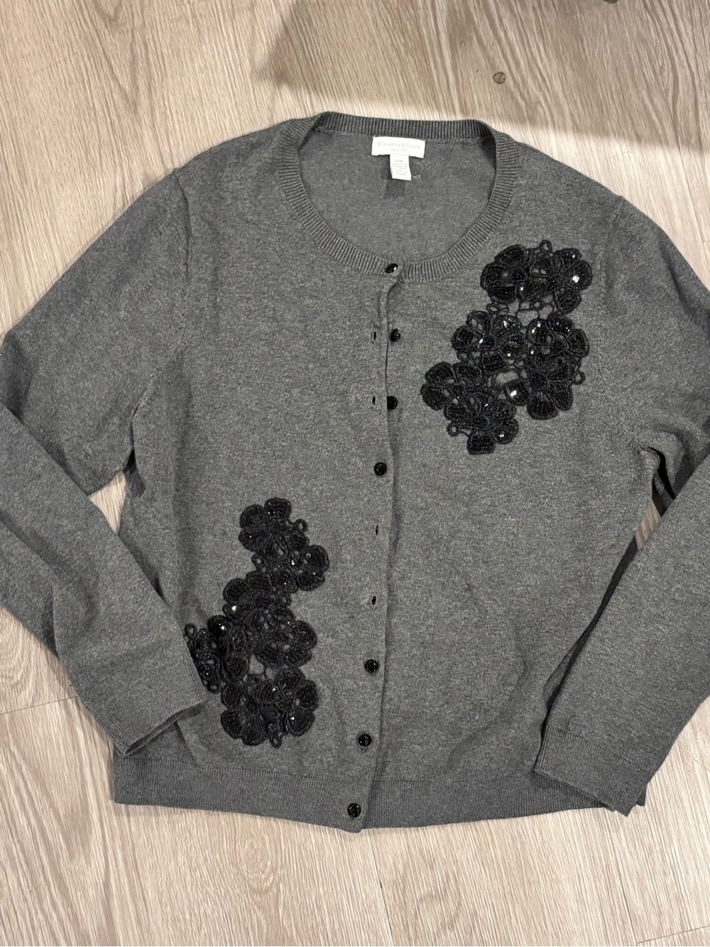 Charter Club Gray Cardigan with Black Beaded Floral Appliqués